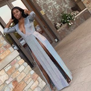 Hamlet Gray Iridescent Sequin Slit Leg Maxi Dress